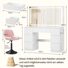 Devoko Makeup Vanity With Large LED Mirror And Velvet Swivel Chair, 115 Cm Makeup Table With 7 Drawers And Power Outlet, Dressing Table With Storage Compartments, Table White Matte, Chair Pink - White With Pink Chair - View 12