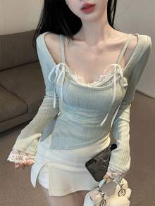 女款長袖針織毛衣修身內搭層，蕾絲蝴蝶結吊帶上衣，2件套，秋冬款 - 綠色 - 查看 2