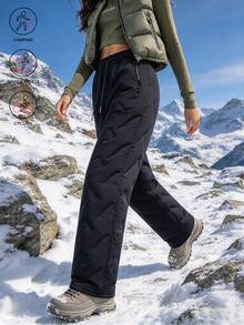 Women's Fleece Lined Straight Leg Pants With Drawstring Waist And Zipper Pockets, Winter Warm Casual Long Pants, Suitable For Running, Outdoor, Gym - Black - View 3