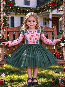 Girls' Autumn/Winter New Long Sleeve Christmas Tree, Snowman, Butterfly Random Print Mesh Dress, Gold Foil Ruffle Hem Flutter Sleeve Mesh Dress, Christmas Holiday Party Girls' Christmas Dress - Pink - View 1