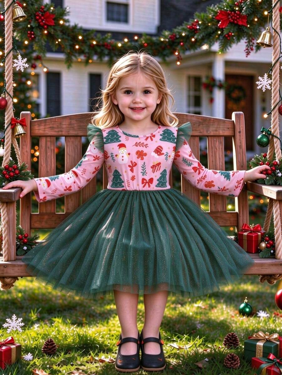 Girls' Autumn/Winter New Long Sleeve Christmas Tree, Snowman, Butterfly Random Print Mesh Dress, Gold Foil Ruffle Hem Flutter Sleeve Mesh Dress, Christmas Holiday Party Girls' Christmas Dress - Pink - View 1