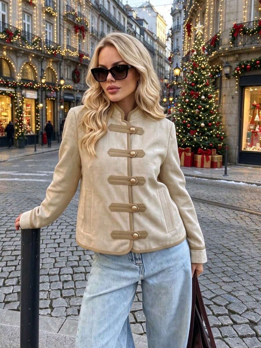 Women's Stand Collar Metal Frog Button Long Sleeve Pocket New Chinese Style Vintage Jacket, Apricot Military Style Outerwear - Apricot - View 1