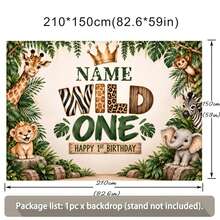 1件可客製化姓名叢林動物探險主題生日背景布，卡通動物設計個性化派對攝影橫幅乙烯基，拍照亭背景 - 綠色 - 查看 9