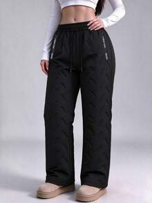 mulinsen Women's Quilted Thickened Straight Leg Pants, Fleece Lined High Waist Drawstring Zipper Pocket Winter Outdoor Long Pants - Black - View 2