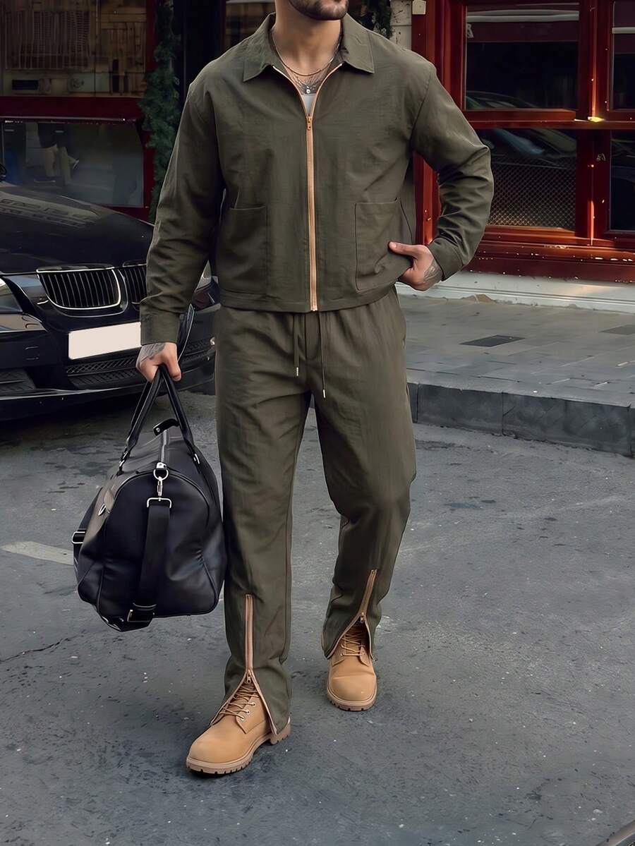 Men's Army Green Lapel Zip-Up Jacket And Split Hem Pants 2 Pieces Set, Outdoor Daily Outfit - Multicolor - View 1