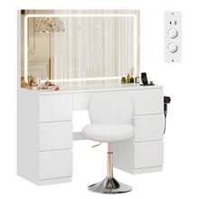 Devoko Vanity Table With Large LED Mirror And Swivel Chair, 115 Cm Makeup Desk With 7 Drawers And Power Outlet, Dressing Table With Makeup Organizer, Table White Matte, Chair White - 查看 10