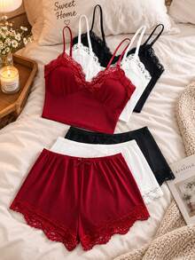 6pcs/Set Women's Lace Trim Ribbed Camisole & Elastic Waist Shorts Pajama Set, Soft Knit Lingerie Homewear - Multicolor - View 1