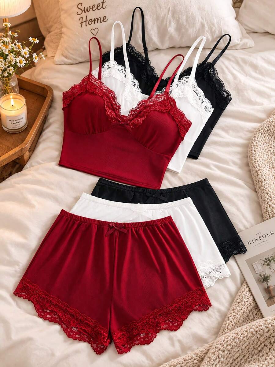 6pcs/Set Women's Lace Trim Ribbed Camisole & Elastic Waist Shorts Pajama Set, Soft Knit Lingerie Homewear - Multicolor - View 1