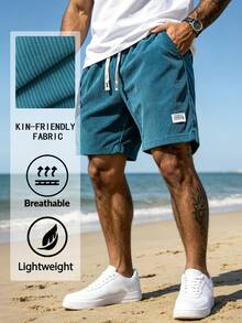 Men's Casual Corduroy Shorts With Drawstring Waist, Suitable For Outdoor Beach And Casual Wear In Summer - Blue - View 4