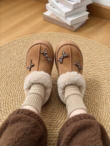 Women's Fleece Leopard Print Bow Thick Sole Slippers, Warm Lining, Closed Back, Unisex Indoor/Outdoor Slippers - Style B-brown - View 6