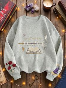 Women's Plus Size Pullover Sweatshirt, Book Butterfly Letter Print - Light Grey - View 8