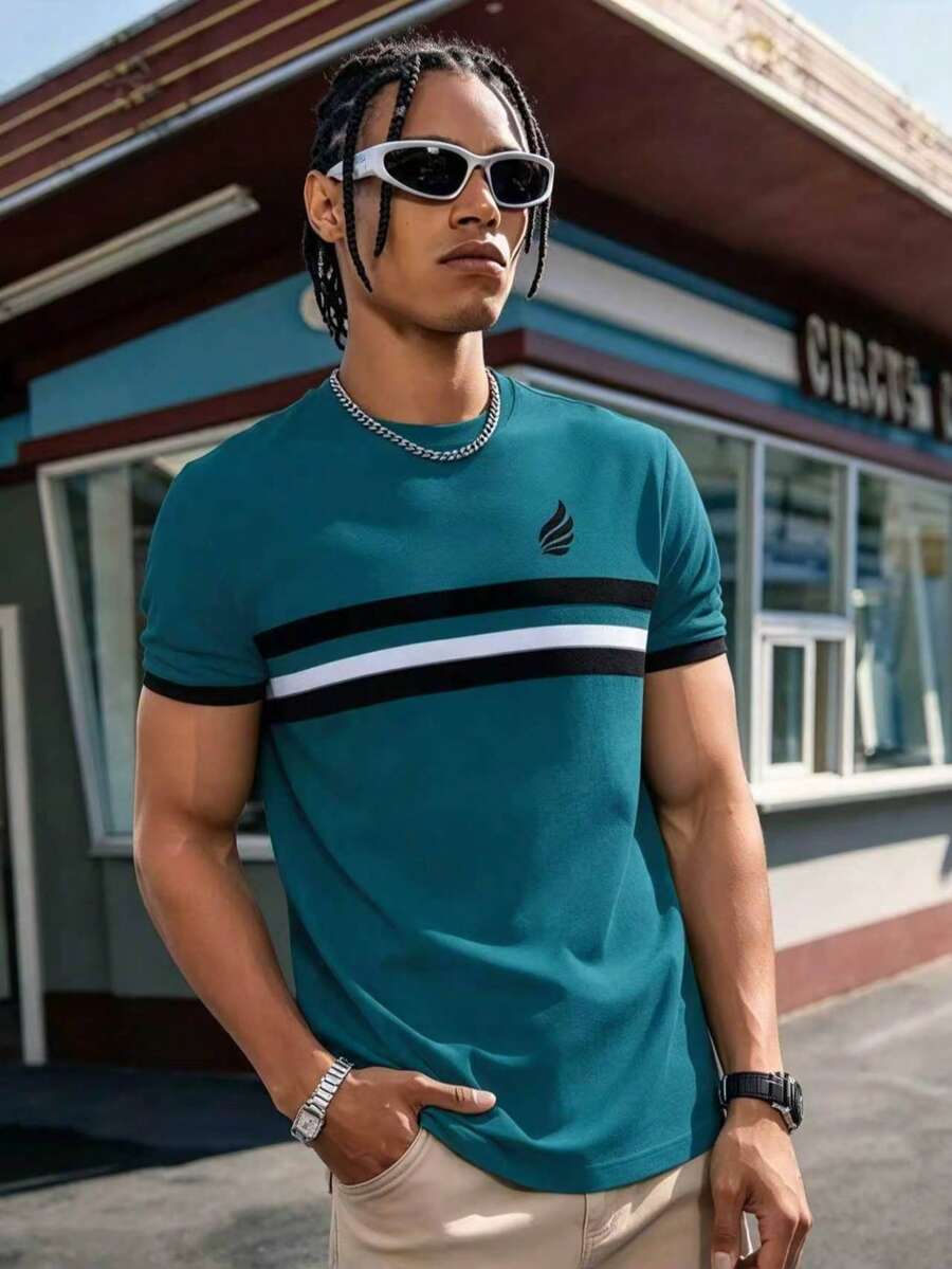 Men's Elegant Striped Print Short Sleeve Crew Neck T-Shirt, Casual Fashion, 100% Polyester, Regular Fit, Suitable For Summer Wear, Lightweight And Comfortable Fabric - Multicolor - View 1