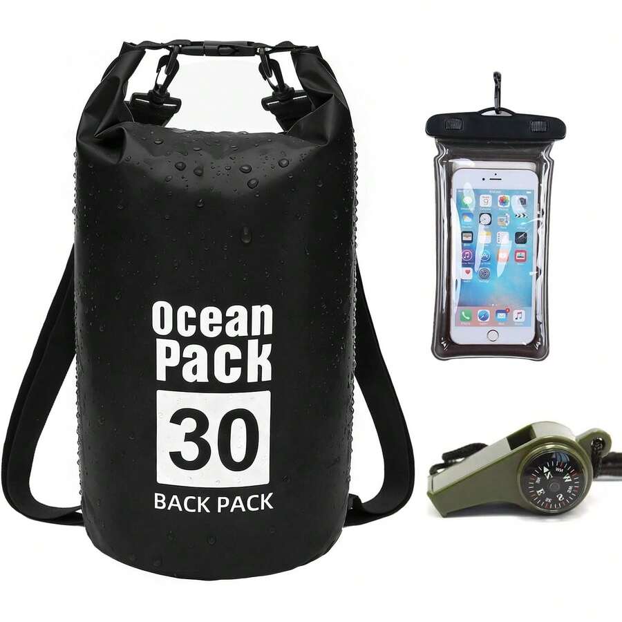 Bolsa Seca Impermeable 5L 10L 20L 30L, Mochila a Prueba de Agua para Senderismo, Natación, Kayak y Deportes Acuáticos, Dry Bag con Funda para Teléfono y Correa Ajustable para el Hombro (Verde, 20L), T - Negro - Ver 1