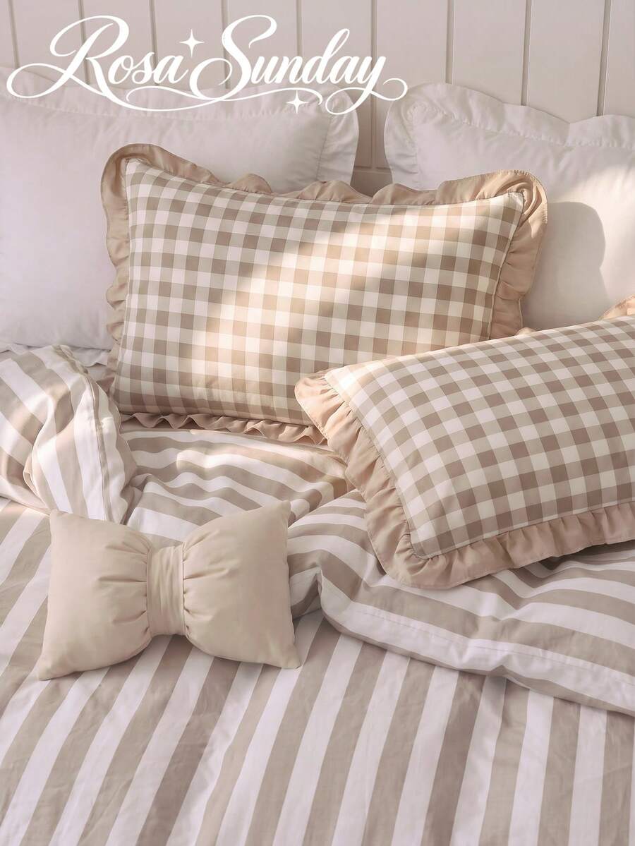 1/2pcs Soft Fresh Brown Plaid Bow Pillowcase, Soft Polyester Fabric, Suitable For Bedroom Sofa Pillowcase, Decorative Cushion Cover, Winter Decoration, Suitable As Gift For Boys And Girls, All Seasons - Multicolor - View 1