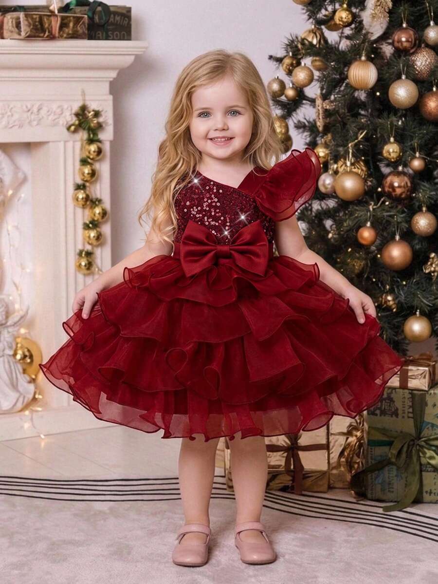Baby Girl Sequin Bow Layered Cake Tutu Birthday Princess Dress Flower Girl Gown For Infant 1st Birthday Party Banquet - Burgundy - View 1