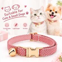 Bean Paste Pink Woven Texture Cat Collar, Fashionable Fabric Pet Neck Collar, Gold Metal Buckle Bell, Adjustable Cat Neck Collar, Suitable For Adult Cats And Small Dogs, Daily Pet Accessory - Pink - View 2