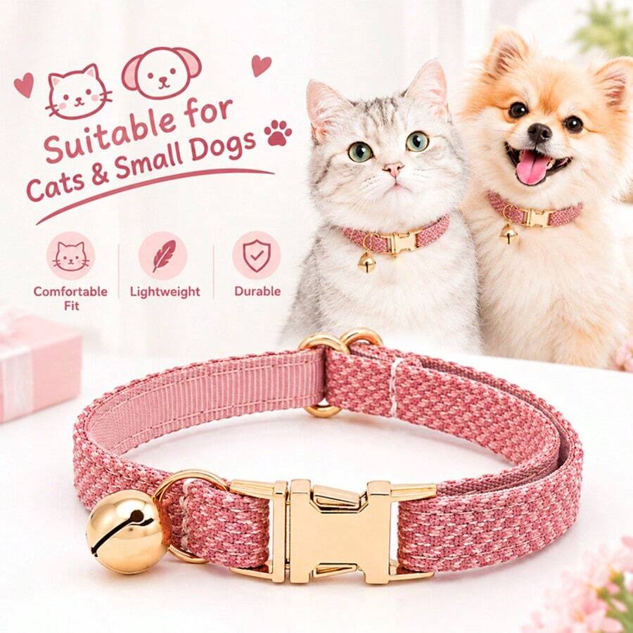 Bean Paste Pink Woven Texture Cat Collar, Fashionable Fabric Pet Neck Collar, Gold Metal Buckle Bell, Adjustable Cat Neck Collar, Suitable For Adult Cats And Small Dogs, Daily Pet Accessory