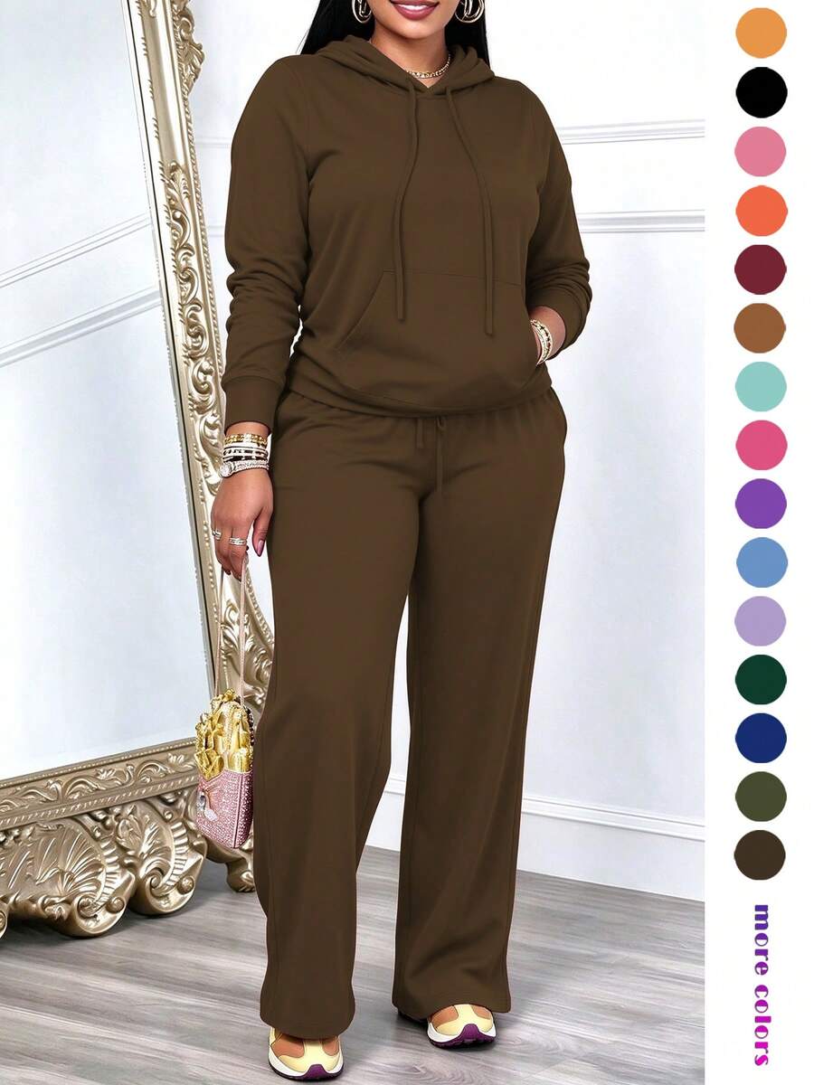 女款休閒兩件套輕量柔軟素色長袖連帽抽繩口袋衛衣與直筒長褲套裝，適合春秋穿著