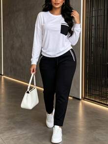 Spring Autumn Winter New Fashion Contrast Color Patchwork Round Neck Long Sleeve T-Shirt And Pants 2 Pieces Set - White - View 2