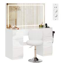 Devoko Vanity Table With Large LED Mirror And Swivel Chair, 115 Cm Makeup Desk With 7 Drawers And Power Outlet, Dressing Table With Makeup Organizer, Table White High Gloss, Chair White - 查看 10