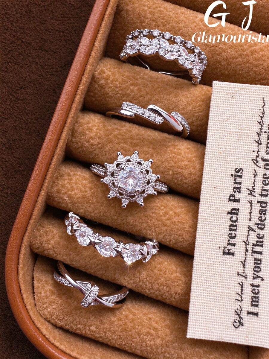 5pcs/Set Silver-Tone Minimalist Luxury Versatile Elegant Exquisite Copper-Inlaid Cubic Zirconia Super Shiny Geometric Cross Double-Layer Adjustable Rings Commuter Set, Suitable For Women's Daily Wear, Holiday Gifts - 5-piece Set, Style a - View 1