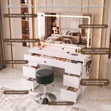Devoko Vanity Table With Large LED Mirror And Round Stool, 115 Cm Dressing Table With 7 Drawers And Power Outlet, Makeup Table With Hair Dryer Holder, Stool Dark Gray, Table White Matte - 查看 3