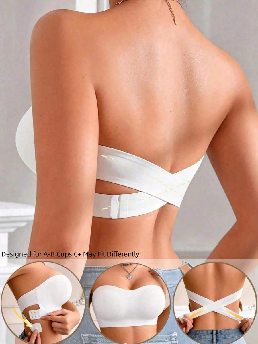 Women's Seamless Wireless Strapless Bandeau Bra, Cross Side-Closure Padded Bra, Breathable Comfortable Everyday Lingerie, Suitable For A-B Cup - White - View 1