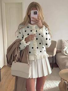 Women's Autumn/Winter New Elegant Polka Dot Ruffle Knit Cardigan, Commute Office Business Workplace Casual Daily Wear - Off-white Black - View 3