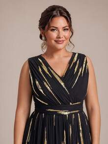 EVERPRETTY Plus Size Elegant Luxury Sequin Embroidered Mesh Black & Gold Formal Evening Gown, Suitable For Wedding Guest, Mother Of The Bride, Party - Multicolor - View 2