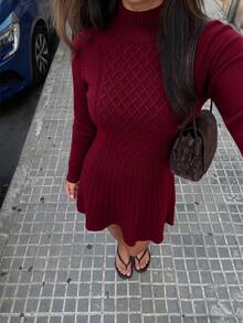 Women's New Autumn/Winter Half-High Neck Argyle Cable Knit Dress, Long Sleeve Slimming A-Line Dress, Gentle Commuter Style, Suitable For Daily Commute, Dinner Date, Shopping And Outings - Burgundy - View 8