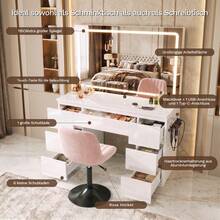 Devoko Vanity Table With Large LED Mirror And Velvet Swivel Chair, 115 Cm Makeup Desk With 7 Drawers And Power Outlet, Dressing Table With Storage Compartments, Table White High Gloss, Chair Pink - 查看 3