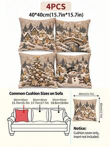 4pcs Christmas Snow Scene Town Pillow Covers, Winter Snowman & Christmas Tree Print, Soft Polyester Fiber Decorative Cushion Covers, Suitable For Sofa, Living Room, Bedroom Holiday Decor, Pillow Inserts Not Included - Multicolor - View 14