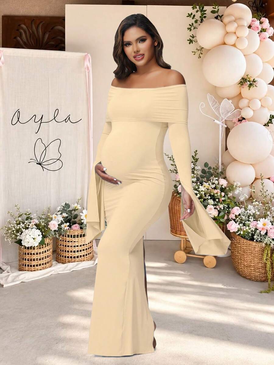 Maternity Open Shoulder Solid Color Long Sleeve Dress, Suitable For Baby Shower Photo Shoot Spring - Apricot - View 1