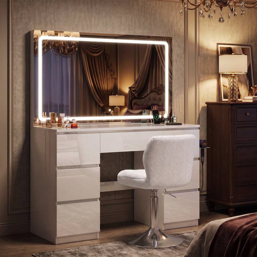 Devoko Vanity Table With Large LED Mirror And Swivel Chair, 115 Cm Makeup Desk With 7 Drawers And Power Outlet, Dressing Table With Makeup Organizer, Table White High Gloss, Chair White - 查看 1