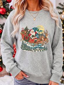 Women's Plus Size Pullover Hoodie, Santa Claus Reindeer Christmas Print - Light Grey - View 8