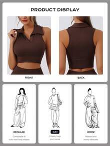 Women's Ribbed Collared Cropped Tank Top, Sleeveless Collared Yoga Fitness Sports Tank, Elastic Seamless Fitness Cropped Top - Brown - View 7