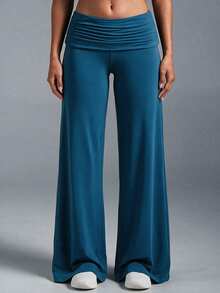 Women's Autumn/Winter Solid Color Ruched High Waist Wide Leg Pants, Draped Casual Loose Long Pants, Y2K Style, Versatile Everyday Bottoms - Peacock Blue - View 4