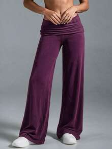 Women's Autumn/Winter Solid Color Ruched High Waist Wide Leg Pants, Draped Casual Loose Long Pants, Y2K Style, Versatile Everyday Bottoms - Purple Wisdom - View 5