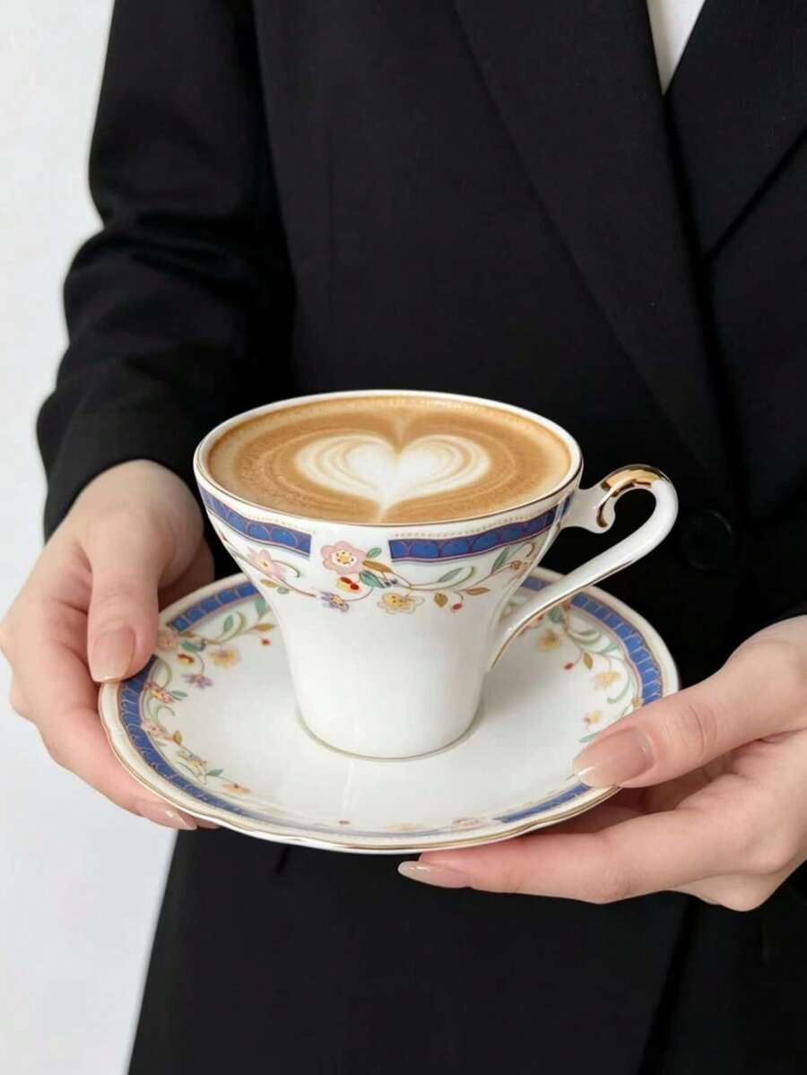 1 Set Vintage Floral Ceramic Cup And Saucer, Exquisite Gold-Rimmed Coffee Cup, Dessert And Snack Plate, British Style Afternoon Tea Cup And Saucer, Commercial Use For Cafes, Suitable For Home, Restaurant, Cafe, Dessert Shop, Gift, Gathering, Party - Multicolor - View 1