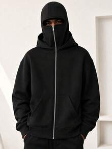 Men's Autumn/Winter Thermal Lined Full Zip Sweatshirt, High Neck Mask Design, Loose Drop Shoulder Long Sleeve Sweatshirt, Casual Streetwear Jacket - Black - View 3