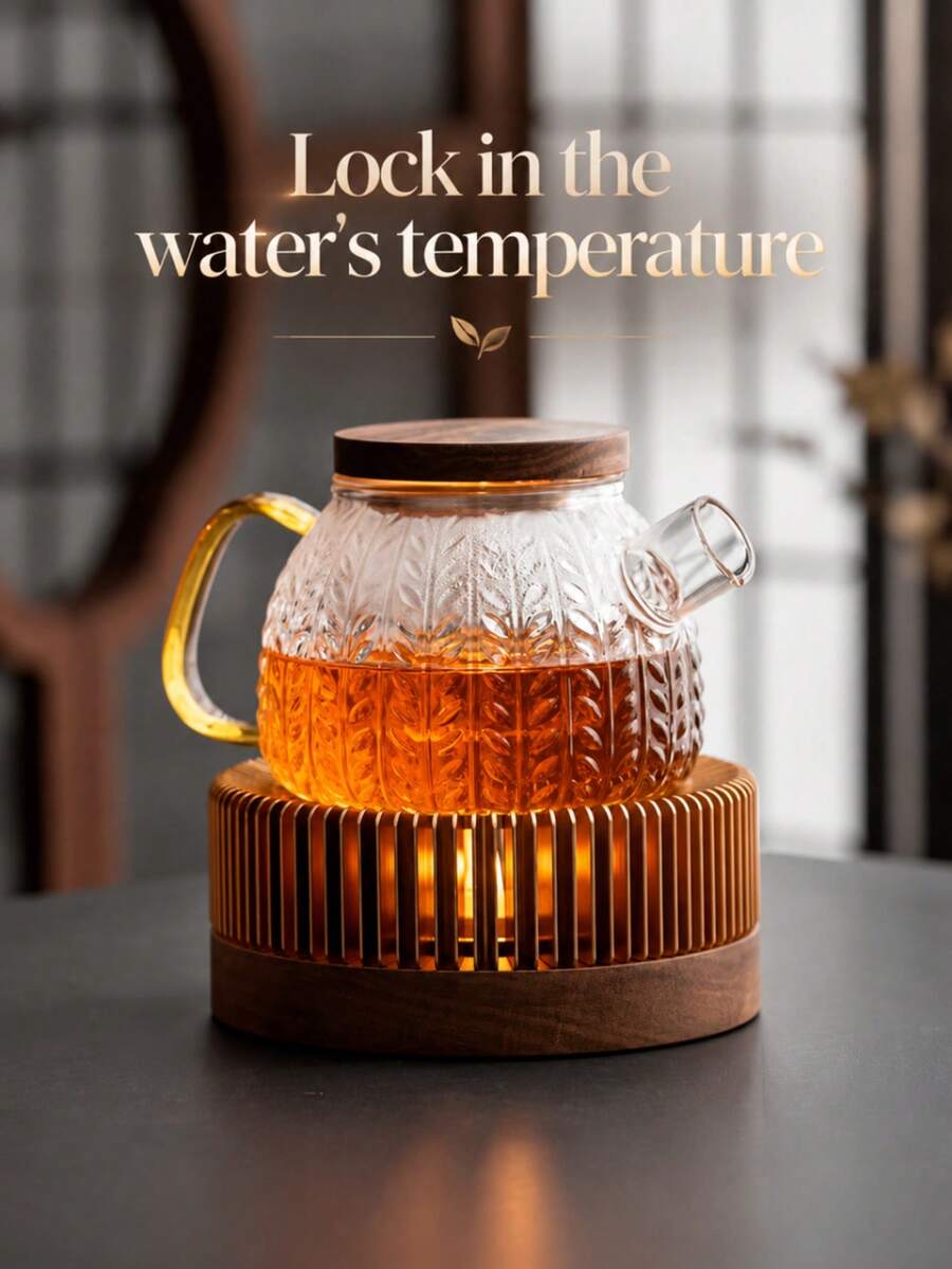 1pc Tea Warmer For Teapot, Wooden Base Candle Tea Heater, Retro Teapot Warmer Stove, Keep Tea Hot Holder, Home Kitchen Coffee Milk Heating Stand, Table Decor Gift For Tea Lovers. - Gold - View 1