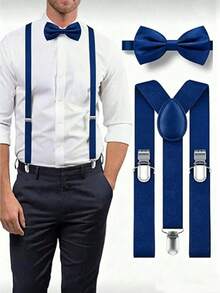 1set Solid Color Men's Bow Tie And Suspenders Set, Solid Color Y-Shaped Suspenders And Self-Tie Bow Tie, Suitable For Wedding Attire - Sapphire - View 3