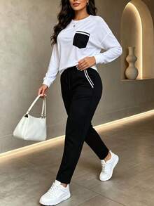 Spring Autumn Winter New Fashion Contrast Color Patchwork Round Neck Long Sleeve T-Shirt And Pants 2 Pieces Set - White - View 1