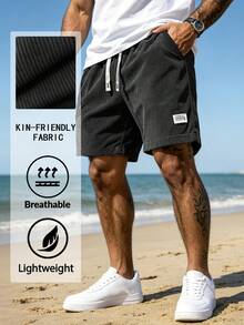 Men's Casual Corduroy Lightweight Breathable Shorts With Drawstring Waist, Suitable For Outdoor Beach And Casual Wear In Summer - Black - View 4