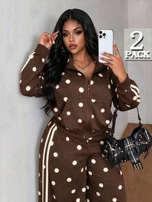 RNU Plus Size Brown & White Polka Dot 2 Pieces Set, Soft Sweatshirt Fabric, Side Tape & Pockets, Loose Slimming Fit, Jacket + Pants, Suitable For Daily, Date, Party & Vacation - Multicolor - View 1
