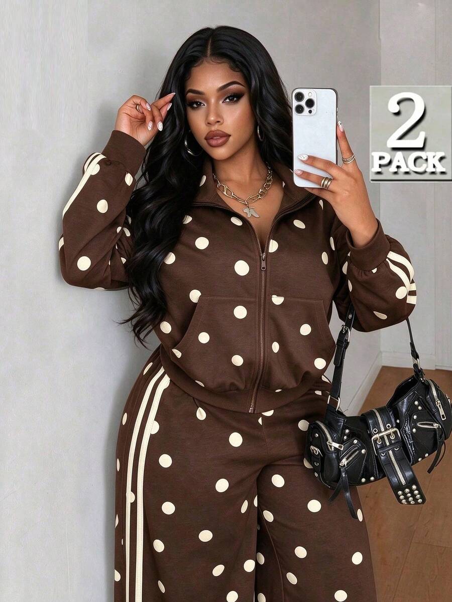RNU Plus Size Brown & White Polka Dot 2 Pieces Set, Soft Sweatshirt Fabric, Side Tape & Pockets, Loose Slimming Fit, Jacket + Pants, Suitable For Daily, Date, Party & Vacation - Multicolor - View 1