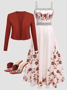 Women's Elegant Spaghetti Strap Floral Print Waist-Cinching Flared Dress & Knit Cardigan Set, Valentine's Day Date Outfit 2 Pieces Set - Burnt Orange - View 2