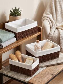 3pcs/1pc Handmade Woven Rattan Storage Basket SML Size Desktop Storage Tray Cosmetics Keys Snacks Storage Box Multi-Scene Decorative Storage Bucket Suitable For Bedroom Living Room Study Office Holiday Storage Container Halloween Christmas Home Organization Storage Basket Ideal Gift - Brown - View 3