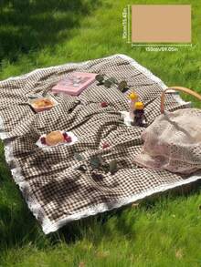 1pc Charming Red & White Plaid Rectangular Picnic Blanket - Wedding Season, Vacation Season Woven Viscose Tablecloth With Lace Trim, Suitable For Winter Camping, Beach Outings And Photography Background, Picnic Accessory (Not Waterproof) - Brown - View 8