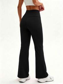 Women's Cinched Waist Flare Pants, High Elasticity Butt-Lifting Slim Fit Casual Fitness Sports Pants, Daily Wear - Black - View 4